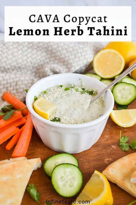 bowl full of tahini sauce with vegetables on side. Lemon Herb Tahini Dressing, Cava Copycat, Season Mixes, Tahini Dip, Lemon Tahini Sauce, Salad Spinach, Lemon Tahini Dressing, Cold Pasta Salad, Inflammatory Diet