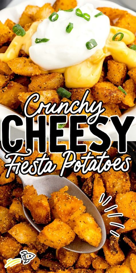 Cheesy Fiesta Potatoes Cheesy Mexican Potatoes, Cheesy Fiesta Potatoes, Fiesta Potatoes, Mexican Potatoes, Leftover Potatoes, Seasoned Potatoes, Nacho Cheese Sauce, Potato Bites, Cheesy Sauce