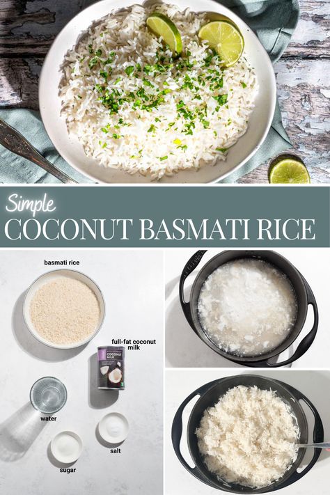 Coconut rice in a white bowl on a wooden background. The rice is topped with chopped coriander and slices of lime, Coconut Fried Rice Recipe, How To Cook Coconut Rice, Coconut Rice With Vegetables, Coconut Rice Recipe Rice Cooker, Coconut Rice Basmati, Jasmine Rice With Coconut Milk, Coconut Fried Rice, Coconut Basmati Rice, Basmati Rice Recipes