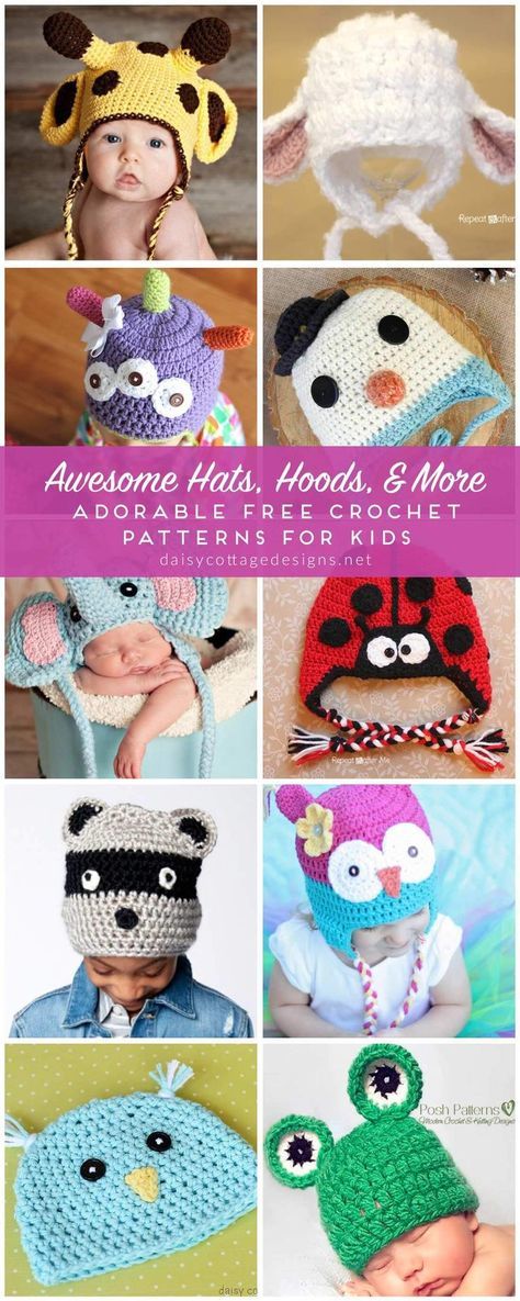 Crochet Hat Patterns | Crochet Hood Patterns | Crochet Kids Hats Patterns | Free Crochet Patterns | Use these free crochet patterns to whip up adorable hats for the kids in your life! Compiled by Daisy Cottage Designs, there's something every little person in your life will love. Kids Hats Patterns, Crochet Baby Ideas, Crochet Baby Stuff, Hats For Babies, Crochet Hood, Baby Kostüm, Kids Crochet Pattern, Crochet Kids Hats, Hat Patterns Free