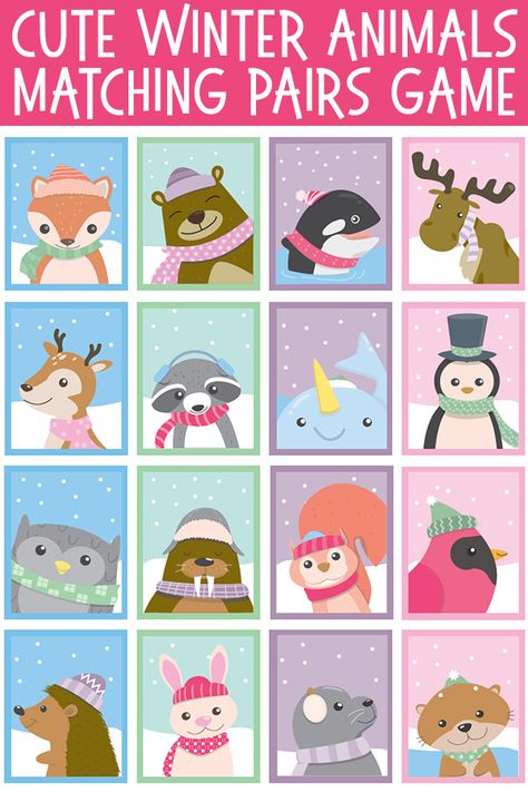 Winter Animal Matching Pairs Game. Free Printable Memory Cards. Winter Memory Game Free Printable, Free Printable Memory Game, Winter Memory Game, Winter Animals Preschool, Cute Winter Animals, Animal Matching Game, Memory Match Game, Matching Pairs, Memory Games For Kids