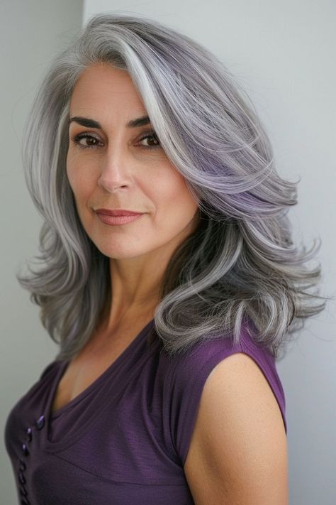 Cool silver lavender waves, trending hair color for summer 2024. Lavender Gray Hair, Lilac Silver Hair, Silver Lavender Hair, Lavender Grey Hair, Lavender Highlights, Lavender Hair Colors, Colors For 2024, Bombshell Hair, Gorgeous Gray Hair