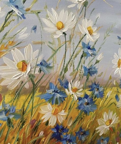 Oil Paint Ideas Easy, Painted Flower Garden, Flower Meadow Painting Acrylic, Painting With Oil Colors, Painting Ideas On A Canvas, Field Flowers Painting, Acrylic Painting Flower Field, Field Flowers Drawing, Art Prints For Walls Aesthetic