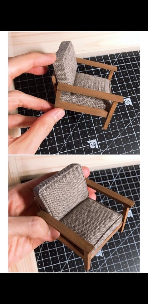 Wood Doll House Furniture, Model Furniture Diy, Miniature Armchair Diy, Miniature Chairs Diy How To Make, 1/6 Scale Dollhouse, Cricut Dollhouse Projects, Diy Doll Chair, Miniature Chair Diy, Doll Chair Diy