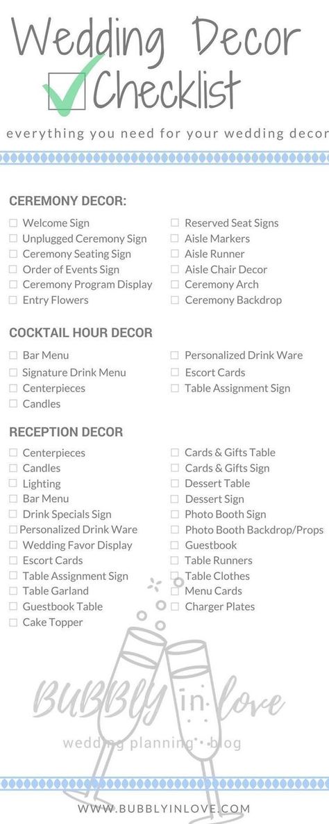 Wedding Decor Checklist Just in case you need to know what should get done and when ... and to make things get done as well. Reception Schedule, Wedding Reception Schedule, Reception Checklist, Wedding Decor Checklist, Wedding Reception Checklist, Wedding Decoration Checklist, Wedding Decor Ceremony, Cocktail Hour Decor, Decor Checklist