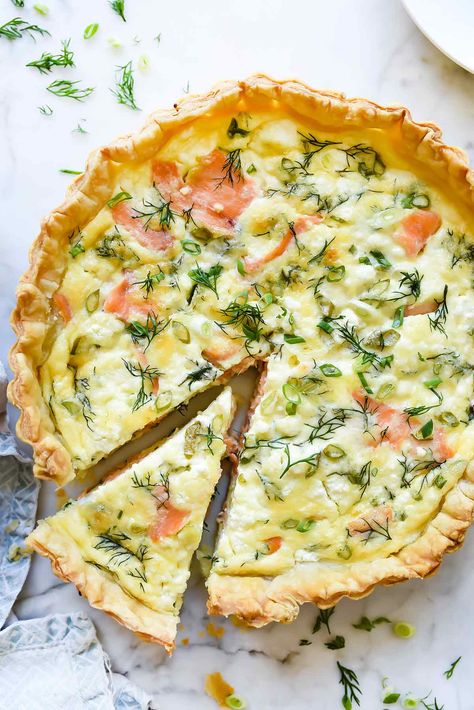 Puff Pastry Salmon and Goat Cheese Quiche | foodiecrush.com Quiche Puff Pastry, Smoked Salmon Quiche, Best Quiche Recipes, Salmon Quiche, Goat Cheese Quiche, Quick Salmon, Eggs Dinner, Smoked Salmon Recipes, Cheese Quiche