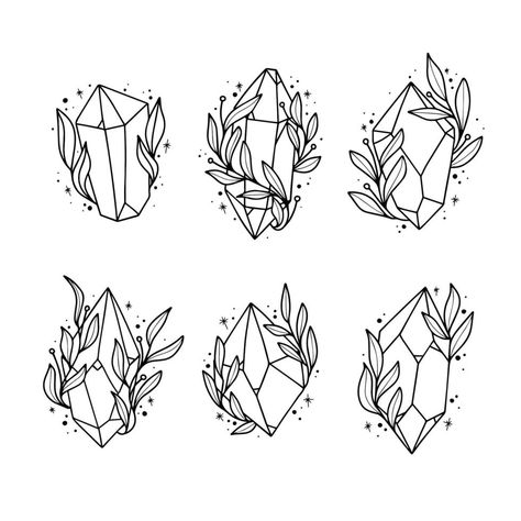 Crystal Gemstones Line Art with Floral for Tattoo Personality Tattoos, Traditional Tattoo Art Black, Tattoo Designs Drawings, Crystal Tattoo, Crystal Drawing, Tattoo Now, Traditional Tattoo Art, Line Art Tattoos, Creative Lettering