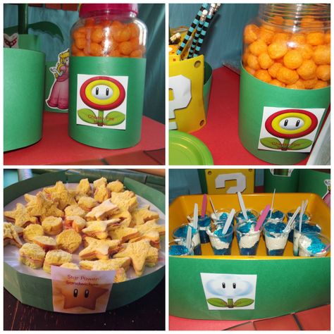 Super Mario Birthday party ideas.  Cheesy fire power, star power sandwiches, cloud power jello and whipped cream Mario Jello Ideas, Jello And Whipped Cream, Super Mario Birthday Party Ideas, Mario Birthday Party Ideas, Jello Ideas, Mario Kart Party, Jello Cake, Super Mario Birthday Party, Ice Cream Bar