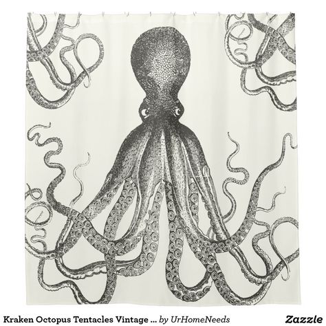 Kraken Octopus Tentacles Vintage Hand Drawn Fuuny Shower Curtain Vintage Shower Curtains, Wood Block Print, Vintage Octopus, Octopus Design, Octopus Tentacles, Custom Shower Curtains, Wood Block Printing, Custom Shower, Comic Style