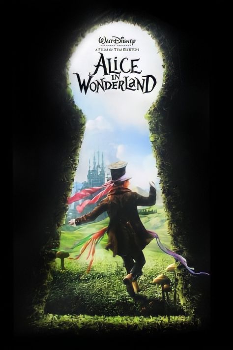 The mad hatter skipping down a green field of grass in front of bushes shaped like a Keyhole Alice In Wonderland Movie Poster, Alice In Wonderland Movie, Alice In Wonderland 2010, Alice In Wonderland Poster, Alice In Wonderland Aesthetic, Wonderland Alice, Alice Madness, Wallpaper Disney, Wonderland Quotes