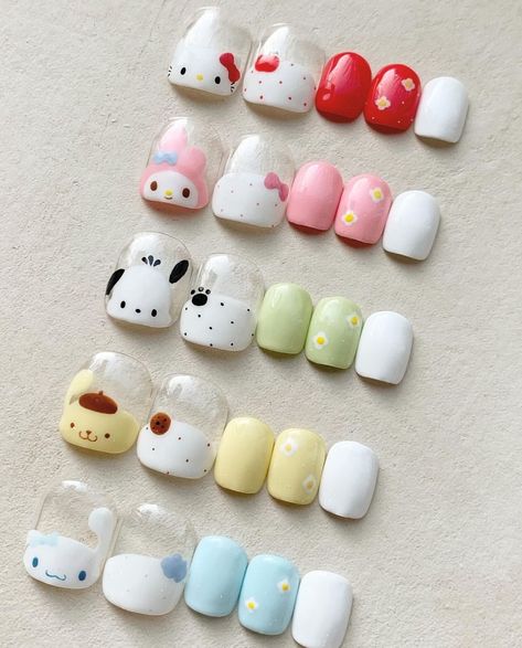 Nail Ideas Sanrio, My Dress Up Darling Nails, Sanrio Nails Design, Sanrio Nails Short, Kirby Nail Art, Simple Kawaii Nails, Short Kawaii Nails, Cinnamoroll Nail Art, Pompompurin Nails