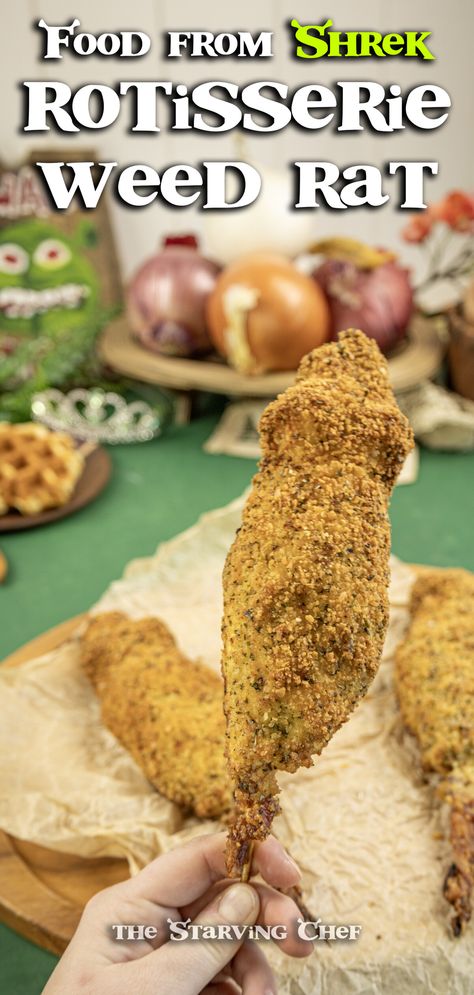 Enjoy a whimsical, Shrek-inspired rotisserie-style chicken, bringing a touch of fairytale magic to your dinner table. Swamp Food Ideas, Classy Shrek Wedding, Swamp Party Food, Shrek Appetizers, Shrek Dinner And A Movie, Shrek Decorated Cookies, Shrek Food Ideas Party, Shrek Birthday Party Food Ideas, Fantasy Themed Party Food