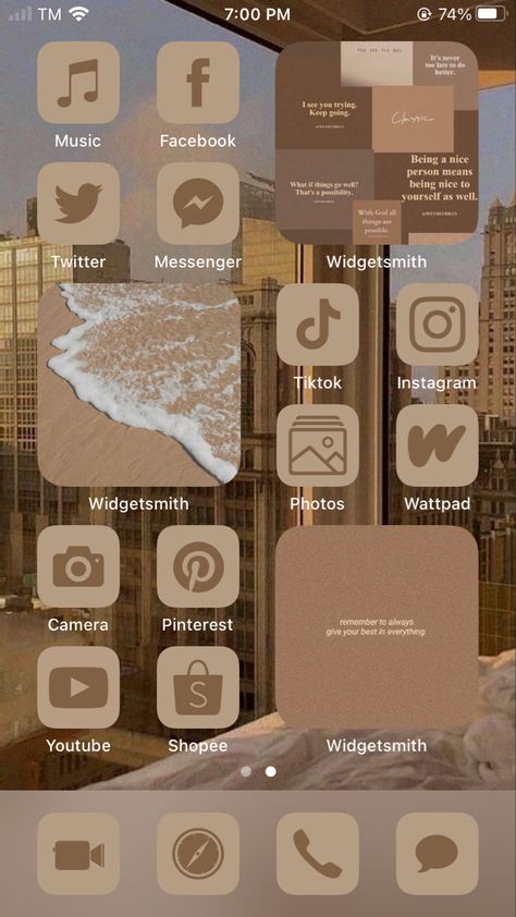 App Arrangement Ideas, Phone Layout Ideas Iphone, Brown Phone Aesthetic, Brown App Icons, Phone Organisation, App Home Screen, Iphone Themes, Themes Ideas, Ios Layout