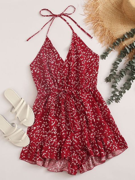 Plus Allover Print Drawstring Halter Romper | SHEIN USA Spaghetti Strap Rompers, Jumpsuit Casual, Cami Romper, Halter Romper, Red Romper, Floral Print Rompers, Floral Cami, Romper Jumpsuit, Cute Rompers