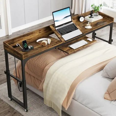 Height Adjustable Overbed Table with Wheels, Mobile Laptop Cart with Outlets & USB Ports - On Sale - Bed Bath & Beyond - 39150020 Rolling Bed, Overbed Table, Computer Stand For Desk, Table With Wheels, L Shaped Executive Desk, Home Goods Furniture, Over The Bed, Home Office Furniture Desk, Organized Life