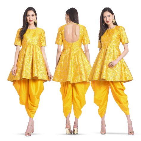 RAUNIKA'S COUTURE YELLOW KURTA & DHOTI SET Dhoti Style Dresses, Patiyala Dress, Yellow Kurta, Mehendi Outfits, Designer Kurti Patterns, Long Kurti Designs, Indian Gowns Dresses, Trendy Dress Outfits, Kurti Designs Party Wear