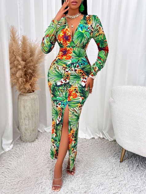 Tropical Print Plunging Neck Split Thigh DressI discovered amazing products on SHEIN.com, come check them out! Lycra Gown, Gown Styles, Hip Skirt, Plunging Neck, Knit Style, Sleeves Clothing, Sleeved Dress, Design Fabric, Midi Dress With Sleeves