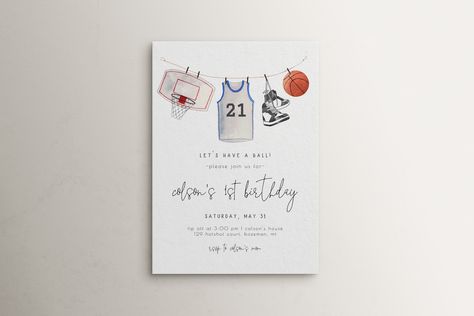 Vintage Basketball Birthday Party, Vintage Basketball Party, Basketball Invitations Birthday, Basketball First Birthday Party, Sports First Birthday, Basketball 1st Birthday, First Birthday Theme Boy, Basketball Themed Birthday Party, Basketball Invitations