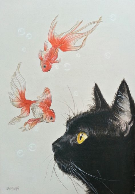 Ochopi / おちょぴ ~ Goldfish and black cat • thisisgallery.com/product/12156 Wallpaper Gatos, Illustration Art Nouveau, Cat Coloring, Desain Quilling, 강아지 그림, Fish Illustration, Black Cat Art, A Black Cat, Drawing Pencil