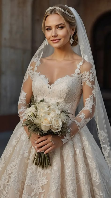 Hairstyles For Wedding Gown, Bride Hairstyles With Crown, Bridal Veil Ideas, Bun Korean, Ponytail Bob, Vintage Updos, Wedding Crown Veil, Christian Wedding Gowns, Wedding Hairstyles With Crown