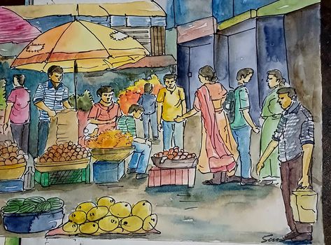 Busy Market Scene Drawing, Market Composition Drawing, Market Memory Drawing, Market Scene Drawing, Village Market Scene Drawing, Market Scene Drawing Easy, Intermediate Drawing, Composition Watercolor, Iphone Backgrounds Nature