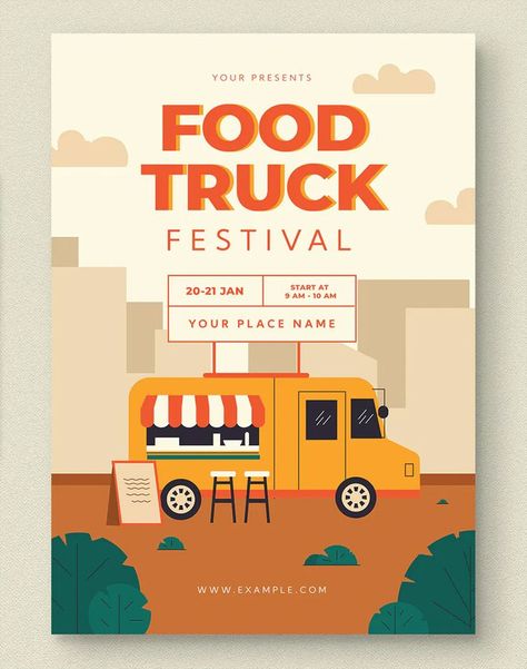 Food Truck Invitation, Food Truck Marketing Ideas, Food Truck Advertising Ideas, Food Stall Poster Design, Food Truck Template, Food Truck Flyer, Retro Food Truck, Food Truck Illustration, Graphic Design Examples