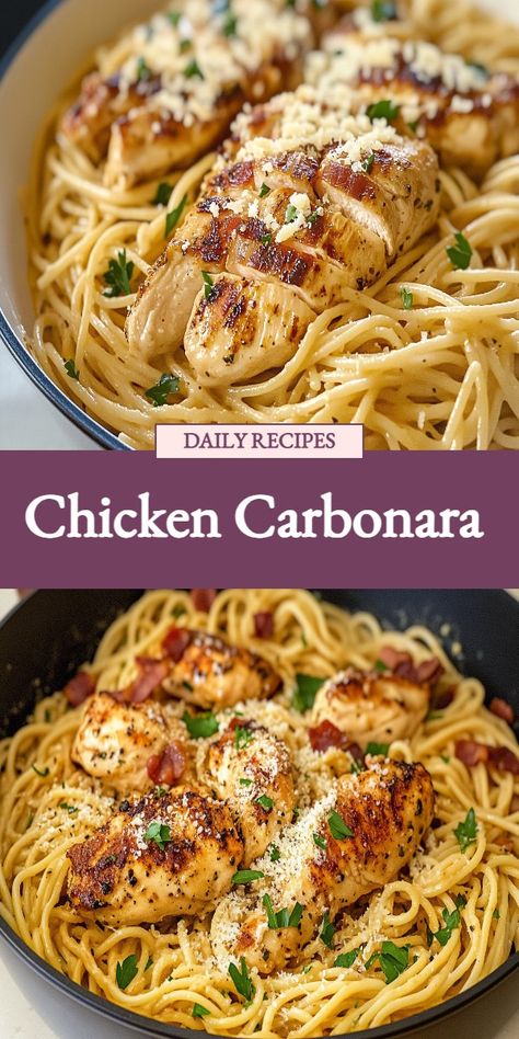 Creamy and indulgent Chicken Carbonara recipe! This classic Italian dish features tender chicken, crispy bacon, and a rich Parmesan cream sauce tossed with spaghetti. Perfect for a cozy dinner at home or impressing guests. Try this easy and delicious recipe tonight for a comforting meal that everyone will love! Chicken Carbonara Recipe, Chicken Carbonara, Parmesan Cream Sauce, Chicken Crispy, Carbonara Recipe, Classic Italian Dishes, Spaghetti Carbonara, Cozy Dinner, Dinner At Home