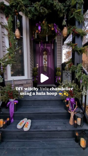 Mandy ✨ on Instagram: "🎀🌲Save this to make your own chandelier! I absolutely love how it brings visual interest and layering to my porch, plus it has beautiful Yule symbolism:

🍊Dried orange slices: good luck, fortune, sunshine 

✨Cinnamon sticks: wealth, prosperity, passion

🌲Pine cones: rebirth of the sun and winter solstice and the promise of spring 

Supplies:

• Hula hoop - I used one that is adjustable to different sizes, which I highly recommend because then you can customize it to the space you have 

• 2 x 7ft artificial pre-lit garland 

• Black zip ties 

• Black chain (15ft)

• Ribbon & natural ornaments 

• Hook to hang 

• Floating candles

What do you think? 🎀" Hula Hoop Chandelier Diy, Chandelier Wreath Christmas, Make Your Own Chandelier, Pagan Yule, Witchy Garden, Christmas Entry, Natural Ornaments, Pre Lit Garland, Diy Christmas Lights