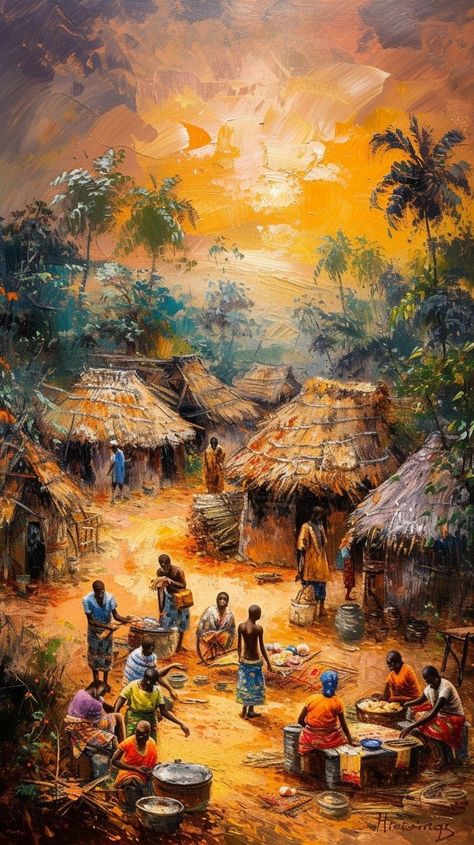 Village Culture Painting, Abstract Village Painting, African Village Art, African Art Pictures, African Village Painting, Africa Art Painting, Village Life Drawing, Village Life Painting, Village Scene Painting