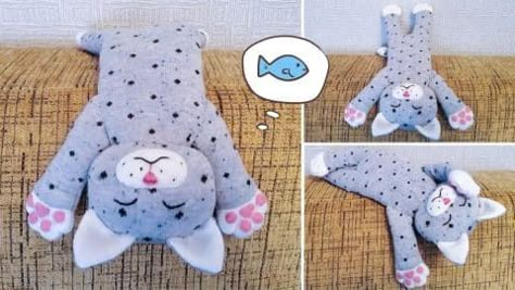 DIY Cute Sleeping Kitten Made From Socks | DIY Joy Projects and Crafts Ideas Sock Animals Tutorial, Sock Cat, Diy Sock Toys, Plushies Diy, Sock Doll, Sock Puppets, Sock Dolls, Tie Crafts, Moth Art