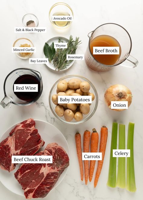 This classic old fashioned pot roast recipe is made with a tender chuck roast, lots of hearty vegetables, and a savory red wine beef broth. Crockpot Red Wine Pot Roast, Oven Roast Beef With Vegetables, Oven Roasted Chuck Roast Recipes, 7 Bone Roast Recipes Crock Pot, Dutch Oven Pot Roast Red Wine, Red Wine Pot Roast Slow Cooker, Chuck Roast In Slow Cooker, Southern Roast Beef Crock Pot Recipes, Pot Roast In Oven Recipes