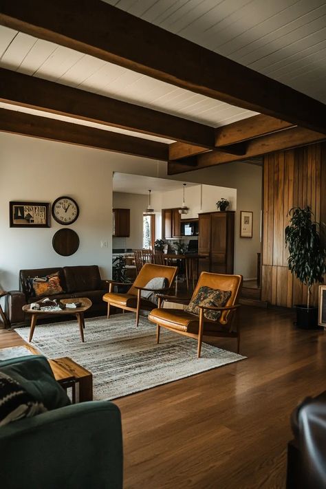 Stylish Mid Century Modern Living Room Design Inspiration | VIVA Modern 70s Living Room, Earthy Mid Century Modern, Apartment Mid Century, Cozy Mid Century Modern, Mid Century Modern Living Room Design, Airstream Decor, Mcm Living Room, Mcm Living, Small Modern Living Room