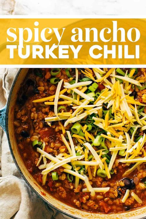 Spicy Ancho Turkey Chili delivering big flavors with turkey, black beans, ancho chili powder, tomatoes, and farro. So much yum and cozy in one meal! #chili #soup #comfortfood Delicious Chili Recipe, Turkey Chili Recipe, Pinch Of Yum, Vegetarian Chili Recipe, Chili Toppings, Ancho Chili Powder, Chili Recipe Turkey, Ancho Chili, Chili Soup