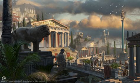 Agora District in Cyrene from Assassin's Creed Origins Assassin's Creed Origins, Ancient Greek City, Greek City, Assassins Creed Origins, Rome City, Concept Art World, Fantasy City, Fantasy Places, Ancient City