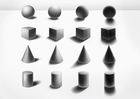 Shapes With Shadows, Lighting Reference Shapes, Basic Shapes Reference, Drawing Shading Reference, Shadow Practice Drawing, Basic Shapes Drawing Practice, Cylinder Shading, Shape And Form Art, Shading Basics