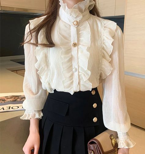 Light Academia Victorian Beige Chiffon Blouse Poet Shirt | Lace Blouse | Vintage Ruffle Turtleneck Blouse | Korean Fashion Victorian Palace, Ruffle Turtleneck, Victorian Shirt, Tweed Fashion, Chiffon Lace Blouse, White Chiffon Blouse, Turtleneck Blouse, Poet Shirt, Korean Blouse