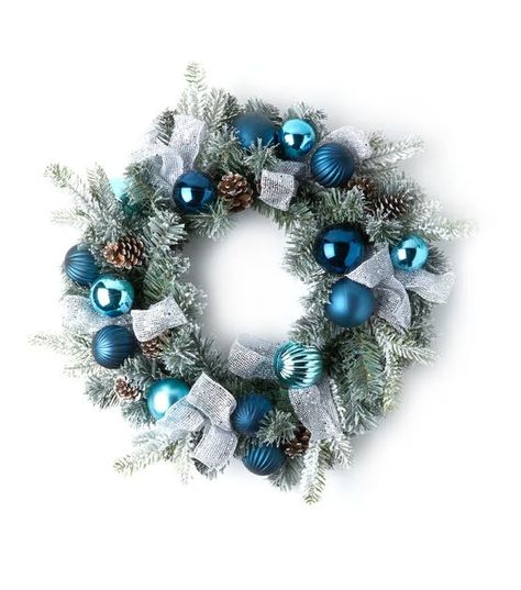 25" Christmas Blue Bauble & Silver Bows Wreath by Bloom Room | JOANN Blue And Silver Christmas Garland, Blue White Silver Christmas Decor, Blue And Silver Christmas Wreath, Tree Hydrangea, Blue And White Wreath, Teal Christmas Decorations, January Wreath, Blue Baubles, Teal Christmas