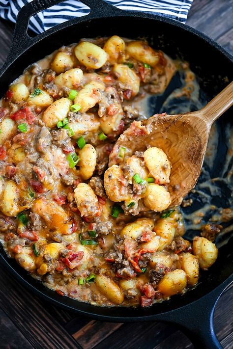 Cheeseburger Gnocchi - Life In The Lofthouse Beef And Gnocchi Recipes, Beef And Gnocchi, Cheeseburger Gnocchi, Life In The Lofthouse, Gnocchi Dishes, Seasoned Ground Beef, Gnocchi Recipe, Savory Dinner, Potato Dumplings