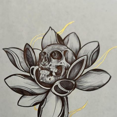 @dojo_tatt on Instagram: "Skull & lotus flower #skulltattoo #stompfentanyl #lotusflower #flowertattoo #lotustattoo #skullandflowerstattoo #ballpointpendrawing #dojotatt #irvinecalifornia #losangelesca #losangelestattooartist #octattooartist #floraltattoos #flowertattoos" Lotus Flower And Skull Tattoo, Dark Lotus Flower Tattoo, Lotus Drawing, Los Angeles Tattoo, Ballpoint Pen Drawing, Lotus Tattoo, Flower Tattoos, Lotus Flower, Skull Tattoo