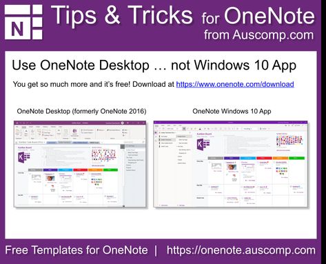 Auscomp OneNote Tips and Tricks - Use OneNote Desktop instead of OneNote Win10 App One Note Organization Work, Onenote Notes, Note Hacks, Microsoft Shortcuts, Microsoft Onenote Templates, One Note Tips, Onenote Tips, School Productivity, Google Hacks