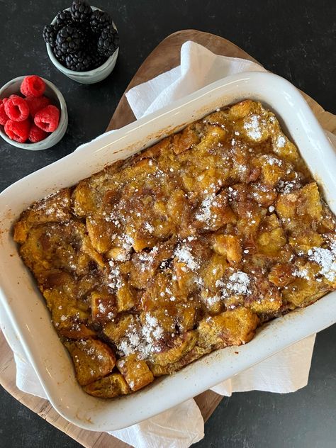 Pumpkin Brioche Overnight French Toast Bake Pumpkin Brioche French Toast, Pumpkin Brioche Bread, Pumpkin Brioche, Overnight French Toast Bake, Brioche French Toast Recipe, Brunch Party Menu, Pumpkin French Toast Bake, French Toast Bake Overnight, Breakfast Favorites