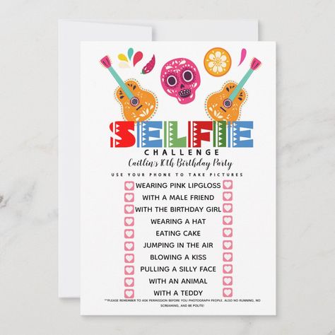 Selfie Challenge game Birthday party fiesta Invitation | #weddinginvitation #personalised #custom #glitterwedding #pink-black-wedding #budget-wedding #selfiechallengegame #cameragame #fiesta #bacheloretteparty Selfie Party Ideas Birthdays, Fiesta Games, Selfie Party, Adult Birthday Party Games, Game Birthday Party, Selfie Challenge, 55th Birthday, Challenge Games, 10th Birthday Parties