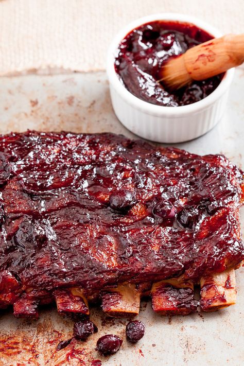 Ribs in the Oven [with Blueberry BBQ Sauce] | Chew Out Loud Ribs Glaze Recipe, Blueberry Bbq Sauce, Back Ribs In Oven, Blueberry Sauce Recipe, Ribs In The Oven, Ribs In Oven, Rib Sauce, Honey Bbq Sauce, Baked Ribs