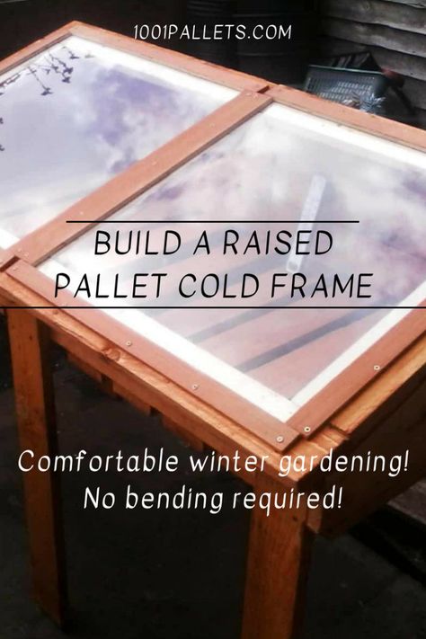 My project is a Raised Pallet Cold Frame. This idea is a transparent-roofed enclosure, built a little higher for comfortable gardening. It protects plants from excessive cold or wet environments. This project is a miniature greenhouse that extends your growing season! Laugh in the face of the c... #ColdFrame, #Frame, #Garden, #Outdoor, #Pallet, #RaisedPlanter, #Winter Composting Ideas, Helping Nature, Pallet Planter Box, Miniature Greenhouse, Pallet Dog Beds, Repurpose Pallets, Pallet Furniture Designs, Pallet Crates, 1001 Pallets