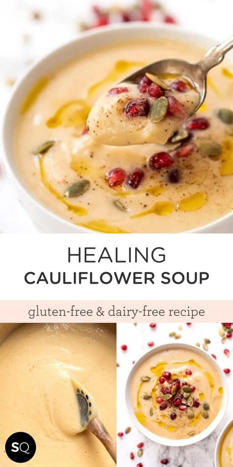 Holiday Soup, Holiday Soups, Cauliflower Soup Recipe, Healing Soup, Cauliflower Soup Recipes, Simply Quinoa, Creamy Cauliflower, Vegan Soup Recipes, Fall Soups