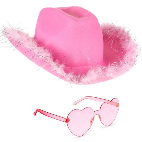 PRICES MAY VARY. What in the Package: you will receive 1 piece of pink cowboy hat and 1 pair of heart pink sunglasses in one package, enough quantity to satisfy your different party decorative requirements, you can share with your friends at the same time Cool and Funky Hat: the pink cowgirl hat is mainly made of felt material, not easy to fade or deform, which is friendly to skin and comfortable to wear, the brim of a ring has a fluffy design, looks very cute Cute Heart Shape Sunglasses: the he Decorative Cowboy Hats, Pink Cowgirl Halloween Costumes, Charli Christmas, Cowgirl Halloween Costumes, Barbiecore Outfit, Preppy Cowgirl, Pink Cowgirl Hat, Neon Sunglasses, Holiday Fits