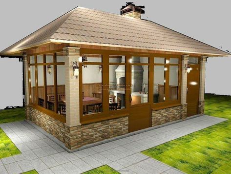 Terrace Inspiration, Enclosed Gazebo, Garden Huts, Cottage Patio, African House, Outdoor Fireplace Designs, Outdoor Pavilion, Backyard Fireplace, Mobile Home Porch