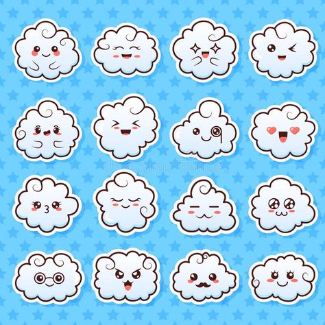 Collection of cute lovely kawaii clouds. Doodle cartoon clouds with faces in manga style. Cute emoticon emoji hand drawn. Characters. Emotion smile vector vector illustration Clouds With Faces, Clouds Doodle, Cloud Emoji, Kawaii Clouds, Kawaii Cloud, Logo Cloud, Cloud Stickers, Laughing Emoji, Kawaii Faces