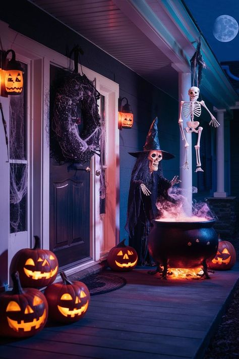 22 Halloween Front Porch Decor Ideas 2024 Halloween Porch Lights, Porche Halloween, Haloween Decor, Halloween Yard Art, Front Porch Decor Ideas, Halloween Outside, Halloween Decor Ideas, Halloween Front Porch Decor, Halloween Garden