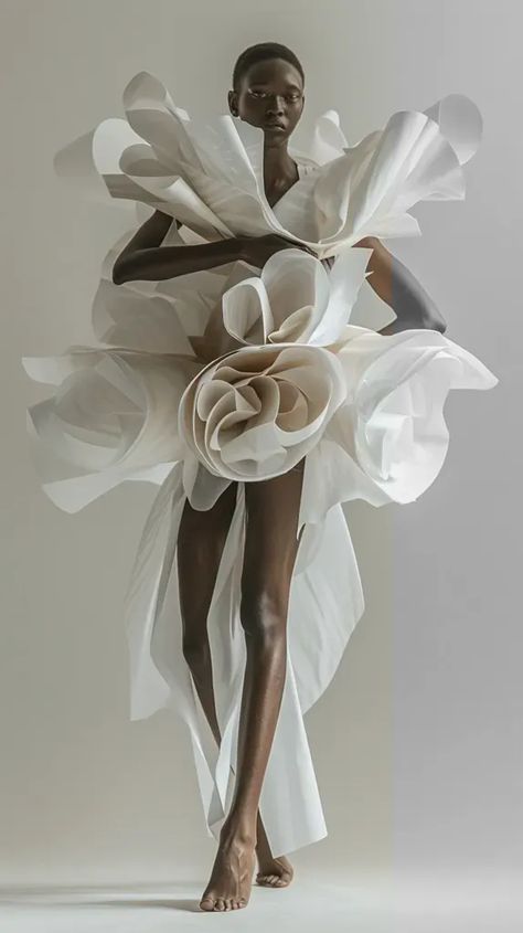 Full Color Image in ai-img-gen.com 🔸 A model walks the runway in an hyper minimalist avant-garde, sheer white sculptural art fashion piec... 🔸 From Midjourney AI Image White Runway Fashion, Terry Mugler, Flower Costumes, Elegant Black Women, Large Paper Flower, Light Gray Background, Wearable Art Fashion, Flower Costume, Short Dark Hair